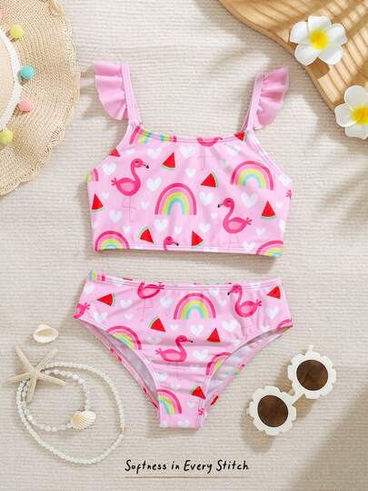 SHEIN 女童彩虹图案针织柔软圆领无袖泳衣两件套