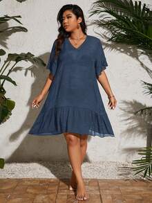 Swim Vcay Plus Size Women Summer Beach Vacation Loose Fit Short Sleeve Cover Up Dress - Blue - View 7