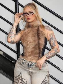 Arliah Y2K 渐变色毛茸茸拼布透视网眼性感紧身吊带背心 - 彩色 - 查看 6