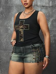 ROMWE Street Life Women's Retro Sexy Y2K Baddie Camouflage Sequin Patchwork Cross Decor All-Match Versatile Tank Top, Plus Size Tank Top - Black - View 4