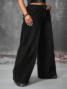 ROMWE Grunge Punk Jeans rectos de talla grande para mujer, extra largos, con lavado desgastado, estampado de cruz y vid, estilo punk - Negro - Ver 6