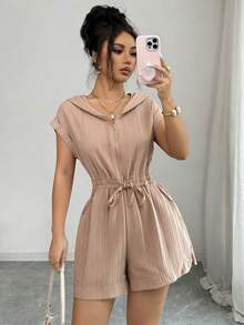 GlowEve 女士春夏休闲度假纹理罗纹插肩袖连帽拉链收腰阔腿短款连体裤 - 卡其色 - 查看 9