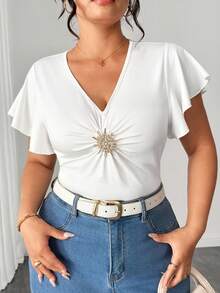 Elenzga Plus Size White Summer Elegant Formal Women's Blouses,European Style V-Neck Button Decorated Pleated Short Ruffle Sleeve Slim Fit Peplum Party Tops - White - View 6