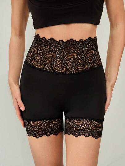 SHEIN Tall 撞色蕾丝高腰黑色骑行短裤