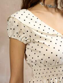 Rina Fox 女士波点印花前系带花瓣袖腰部褶皱时尚衬衫 - 米色 - 查看 4