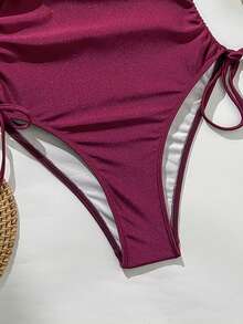 Swim Chiccia 女士沙滩连衣裙，纯色闪光面料，金属装饰，深V领设计，侧边抽绳，时尚休闲度假优雅性感高端连体泳衣 - 酒紅色 - 查看 7