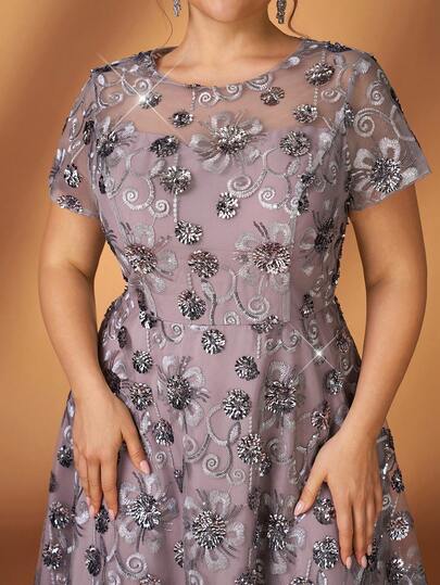 Serin Plus Size Elegant Luxurious Gray Beaded Embroidered Round Neck A-Line Midi Dress, Suitable For Evening Party, Gala, Wedding, Music Festival, Mother Of The Bride