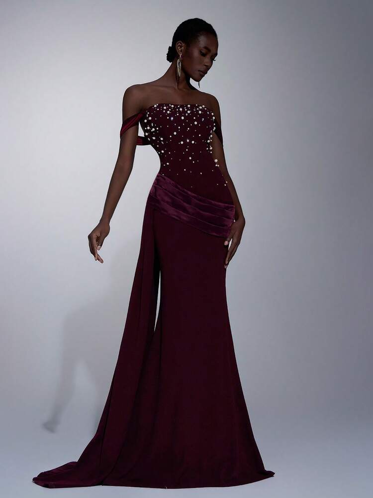 Elitara Elegantes, luxuriöses Meerjungfrauenkleid mit bauschigen Ärmeln, Strasssteinen und Satinraffung, verziert mit Kunstperlen, elastischem Strick und Paillettenbesatz. Geeignet für Hochzeiten, Partys, Urlaube, Bälle und formelle Anlässe, Off-Shoulder - Violett - Übersicht 6