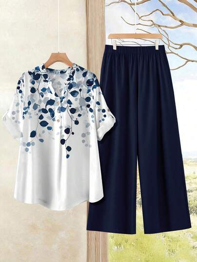 EMERY ROSE Plus Size Vacation Casual Floral Print Shirt And Solid Color Pants 2-Piece Set