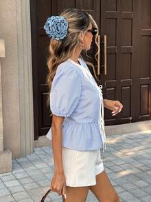 SHEIN Unity Erfrischende blau-weiß gestreifte Kontrast-Schleife, Puffärmel, Rüschensaum Bluse, süß, lässig, vielseitig für Frauen - Blau - Übersicht 6