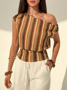 Aloruh Women's Bohemian Colorful Textured Striped One Shoulder Blouse, Spring/Summer One Shoulder Top For Women One Sided Top For Women - Multicolor - View 1