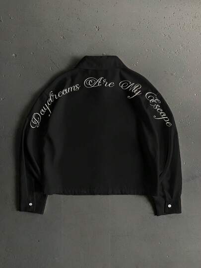 StoneGrade Oversized Signature Print Casual Loose Cropped Long Sleeve Shirt, Fashionable Streetwear Essential For Dates And Gatherings, Suitable As Gift For Boyfriend