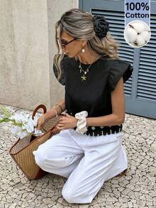 Serisse Women's Summer Casual Vacation Style Ruffle Armhole Embroidered Shell Trim Loose Blouse - Black - View 4