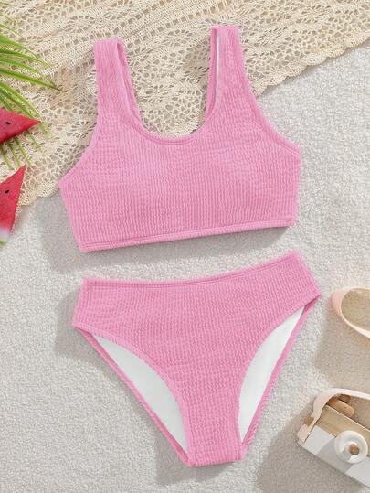 SHEIN 少女比基尼套装，欧美时尚简约优雅休闲针织波浪面料泳衣两件套，适合度假、游泳、夏季、海滩穿着
