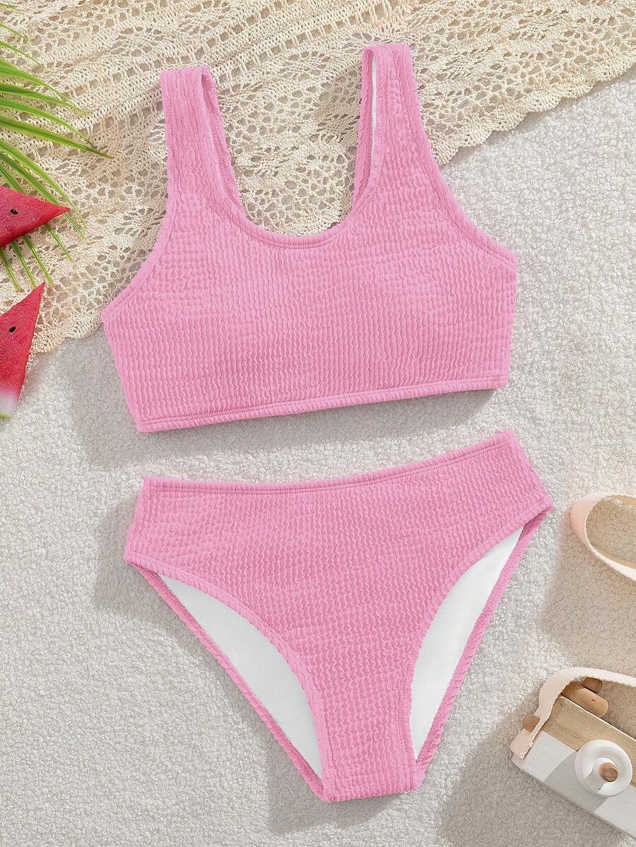 SHEIN 少女比基尼套装，欧美时尚简约优雅休闲针织波浪面料泳衣两件套，适合度假、游泳、夏季、海滩穿着 - 西瓜粉 - 查看 1