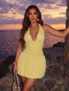 SHEIN Allurite Elegant Vacation Spaghetti Strap Tie Neck Sexy Deep V-Neck Backless Ruched Waist A-Line Mini Dress, Suitable For Vacation, Casual, Date, Party Sun Dress Yellow Sundress Yellow Beach Dress Yellow Vacation Dress Yellow Sexy Dress Yellow Sundress Women Yellow Halter Dress Sexy Vacation Dress Sexy Yellow Dress - Yellow - View 1
