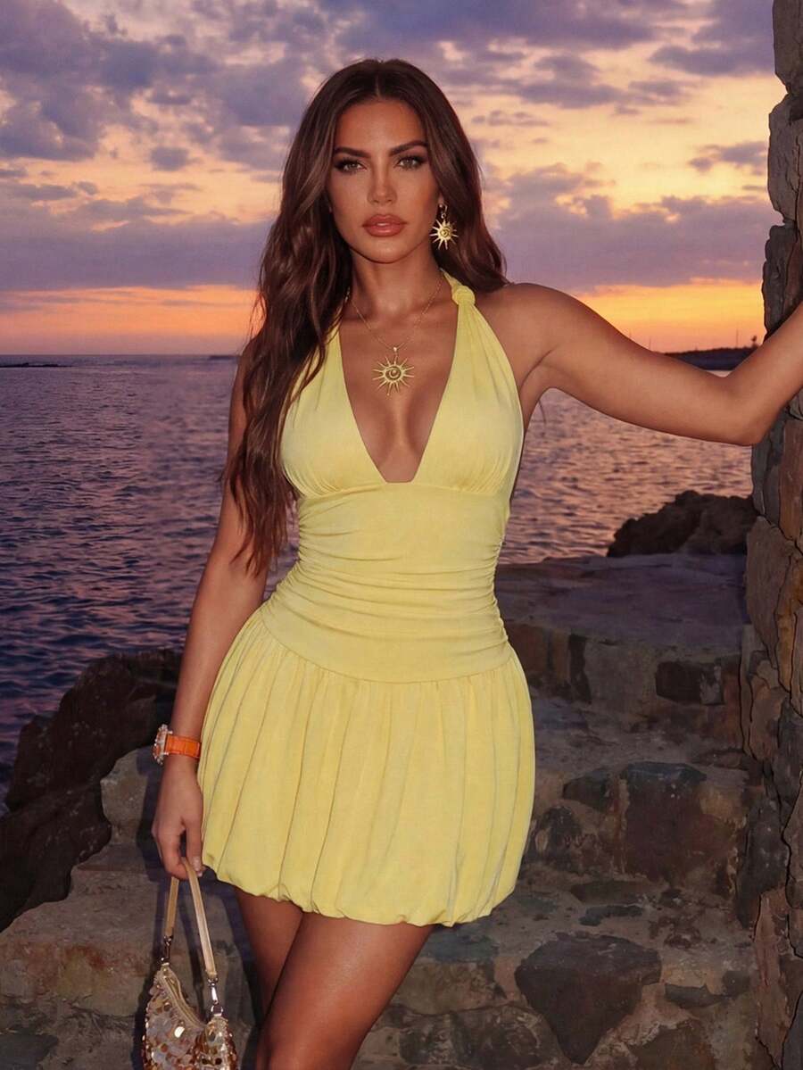 SHEIN Allurite Elegant Vacation Spaghetti Strap Tie Neck Sexy Deep V-Neck Backless Ruched Waist A-Line Mini Dress, Suitable For Vacation, Casual, Date, Party Sun Dress Yellow Sundress Yellow Beach Dress Yellow Vacation Dress Yellow Sexy Dress Yellow Sundress Women Yellow Halter Dress Sexy Vacation Dress Sexy Yellow Dress - Yellow - View 1