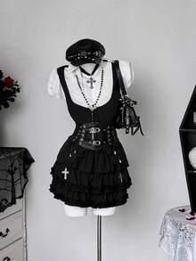 Sunspun 深色撞色哥特式修身梭织衬衫，带领，短袖 - 黑與白 - 查看 6