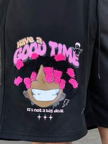 Ngobest Haus Ngobest Haus Men's Slogan Cartoon Character Printed Drawstring Waist Casual Shorts, Football Style - Black - View 3