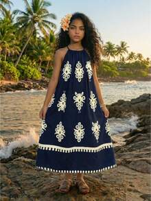 Tween Girls' Bohemian Floral Print Halter Dress, Casual Beach Holiday - Black - View 1