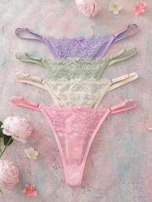 Charlaine 5pcs/Pack Women's Low-Rise Lace Thong Panties, Random Heart Pattern - Multicolor - View 1