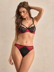 Charlaine Calcinha feminina de cetim vermelho vinho com detalhes em renda e patchwork (1 peça) - Borgonha - Ver 6