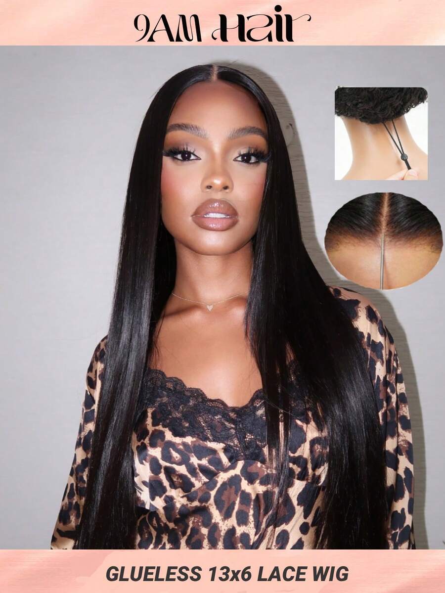 Tóc giả thẳng 13x6 không cần keo, màu đen, nhiều lớp, bóng mượt, làm từ tóc thật, có ren phía trước và dây rút, đã được tỉa sẵn, cắt sẵn, ren Max Lace vô hình với dây rút, tạo vẻ ngoài tự nhiên, đường chân tóc được tạo kiểu sẵn, phù hợp cho nữ sử dụng hàng ngày. - Natural Black - Xem 1