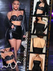 MidnightGlam 1 pieza Ropa interior de mujer, Sujetador de encaje negro con aro, Taza sexy y delgada - Negro - Ver 6