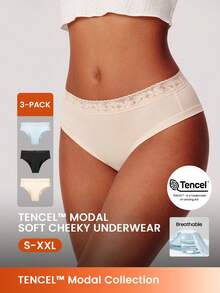 LUVLETTE Set de 3 paquetes de bragas básicas de modal con ribete de encaje, ropa interior femenina transpirable - Multicolor - Ver 1