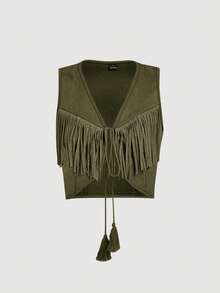SHEIN MOD Chaqueta sin mangas con flecos estilo bohemio de los 70 para mujer, parte superior de abrigo de otoño, chaquetas de mujer de otoño, chaqueta occidental, chaqueta vaquera - Verde militar - Ver 1
