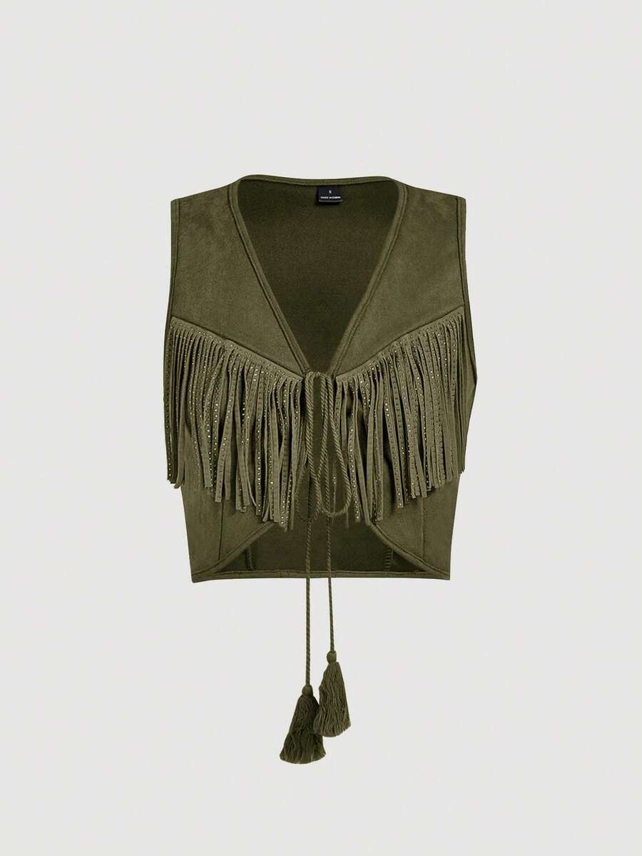 SHEIN MOD Chaqueta sin mangas con flecos estilo bohemio de los 70 para mujer, parte superior de abrigo de otoño, chaquetas de mujer de otoño, chaqueta occidental, chaqueta vaquera - Verde militar - Ver 1