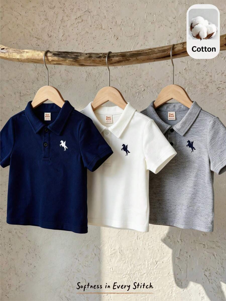 Cozy Pixies 3件套男婴针织柔软翻领短袖马图案套装 - 彩色 - 查看 1