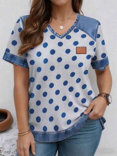 EMERY ROSE 印花拼接波点V领短袖休闲加大码T恤，春夏款