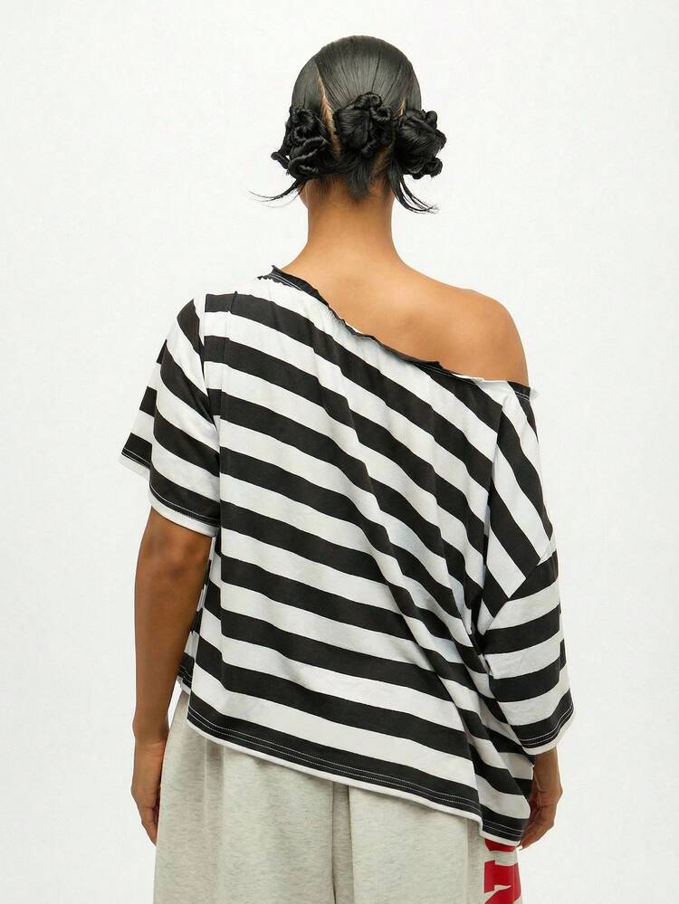SUMWON WOMEN Plus Size Off Shoulder Black White Striped Top With Tie Front Detail Casual Loose Fit T-Shirt