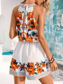 Vivid Eden Bộ áo liền quần cổ yếm in hoa phong cách thường ngày dành cho nữ, thích hợp cho kỳ nghỉ. - trái cam - Xem 10