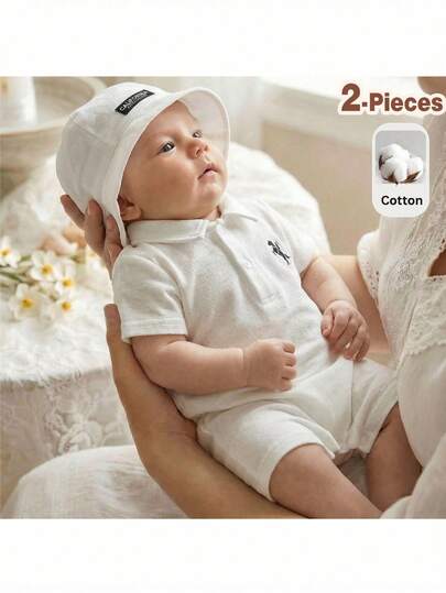 Loomiva 新生女宝宝两件套针织柔软领短袖连体衣和帽子套装