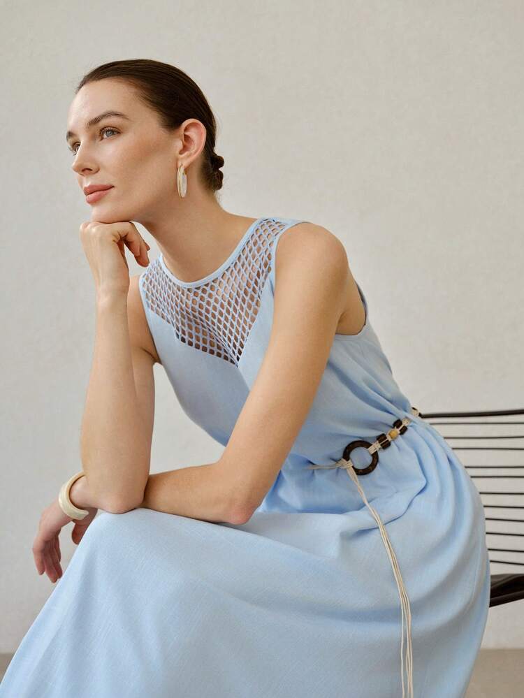 SUMMER FASHIONABLE HOLLOW-OUT SPLICING WAIST BELT DECOR ELEGANT VERSATILE LINEN SLEEVELESS DRESS FOR WOMEN
