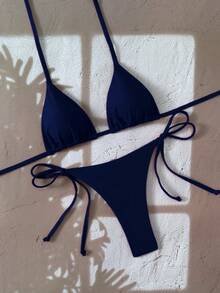 Swim Vcay Bộ bikini dây buộc cổ màu trơn gợi cảm hở lưng dành cho nữ - Màu xanh hải quân - Xem 4