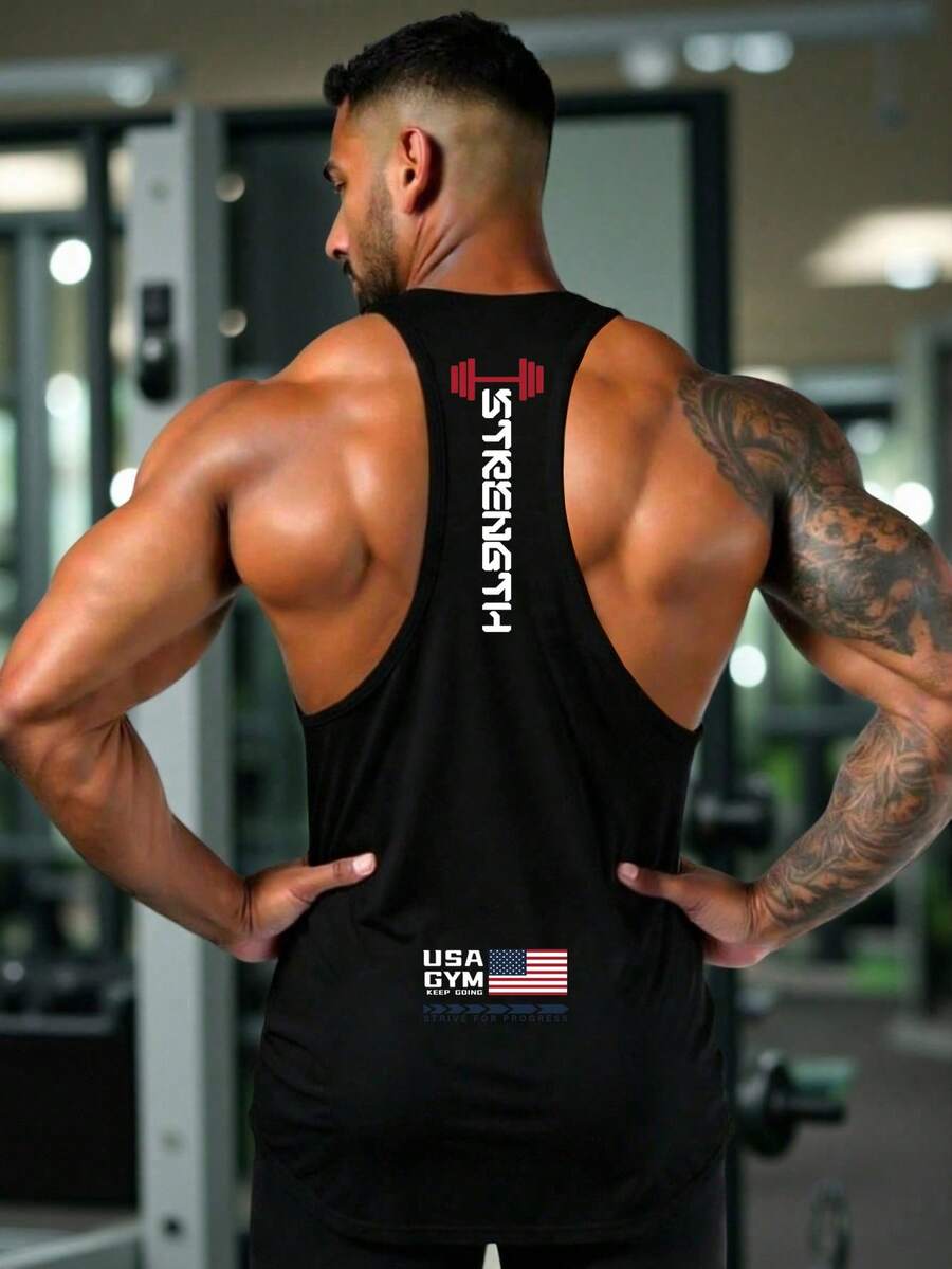 GymBeat 男士字母印花圓領休閒健身運動背心 跑步壓縮背心 健身房穿著 - 黑色 - 查看 1