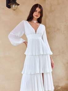 Enchnt 女式春夏深 V 领灯笼袖层叠荷叶边下摆连衣裙 - 白色 - 查看 2