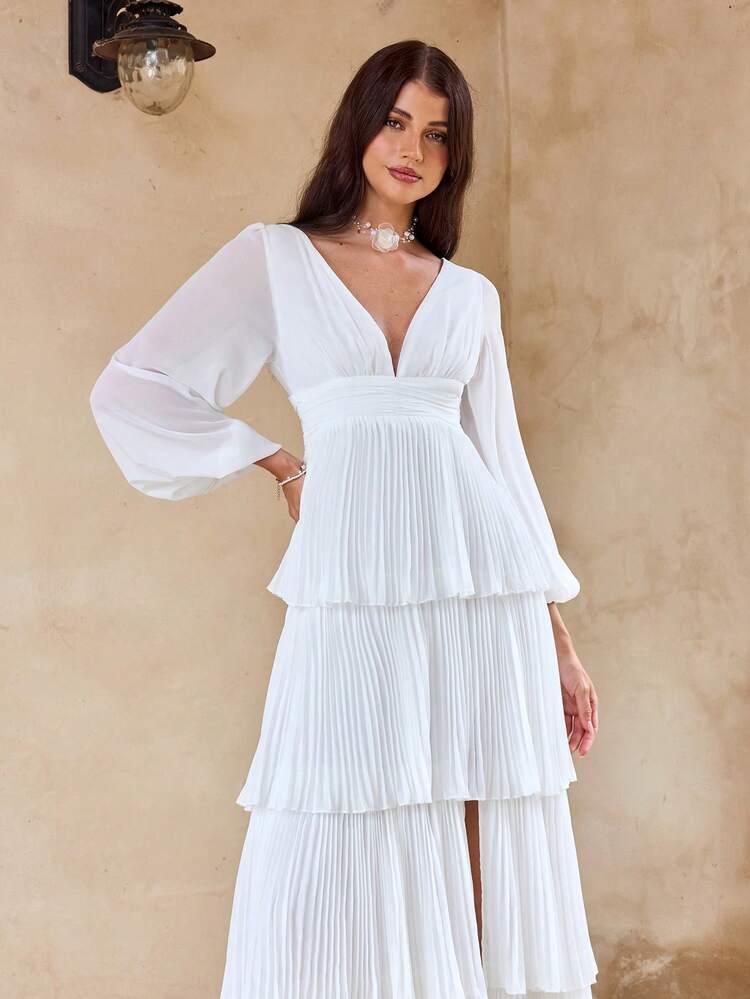 Vestido com Decote em V Profundo, Manga Balão e Bainha Franzida com Camadas para Mulheres na Primavera e Verão