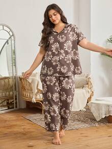 Serenescape Plus Size Casual Floral Print Open Front Pajama Set - Brown - View 2