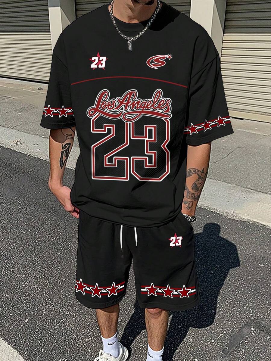 Aesthetic Post 男士23号洛杉矶标语印花休闲运动风圆领短袖T恤和短裤两件套外出上衣女士男友礼物图案T恤女士上衣女士衬衫男士休闲白色上衣白色衬衫女士衬衫春季上衣春季服装度假服装夏季服装海滩度假服装夏季服装度假服装夏季度假服装男士街头服饰套装男士两件套短裤套装