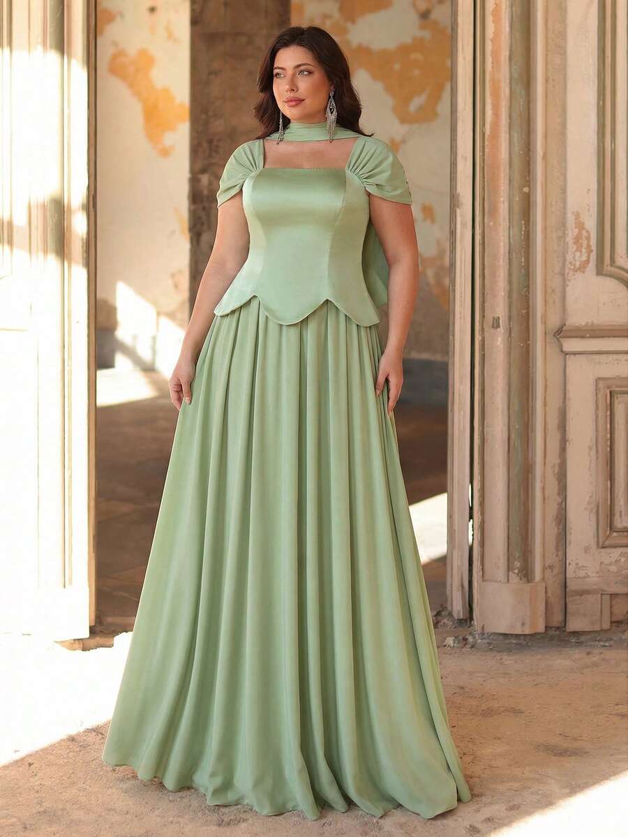 Aureia 大码优雅奢华绿色方领垂袖弹力针织缎面褶皱吊带长裙，适合婚礼、活动、单身派对、度假、舞会、伴娘等场合（精致设计）