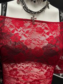 EgrlEra Women's Sexy Lace Fabric Fitted Retro Blouse - Black - View 5