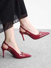 CUCCOO BIZCHIC Women Shoes Spring/Summer Metal Buckle Decorative Pointed Thick Heel Elegant Wind Patent Leather Burgundy Sandals Commuter Dinner Spring Shoes - Burgundy - View 3