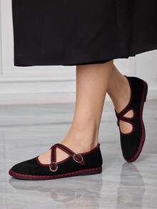 Sleekvia Sapatos mocassim femininos franceses retrô, simples, elegantes, de bico redondo, versáteis, confortáveis e sem salto. - Preto - Ver 10