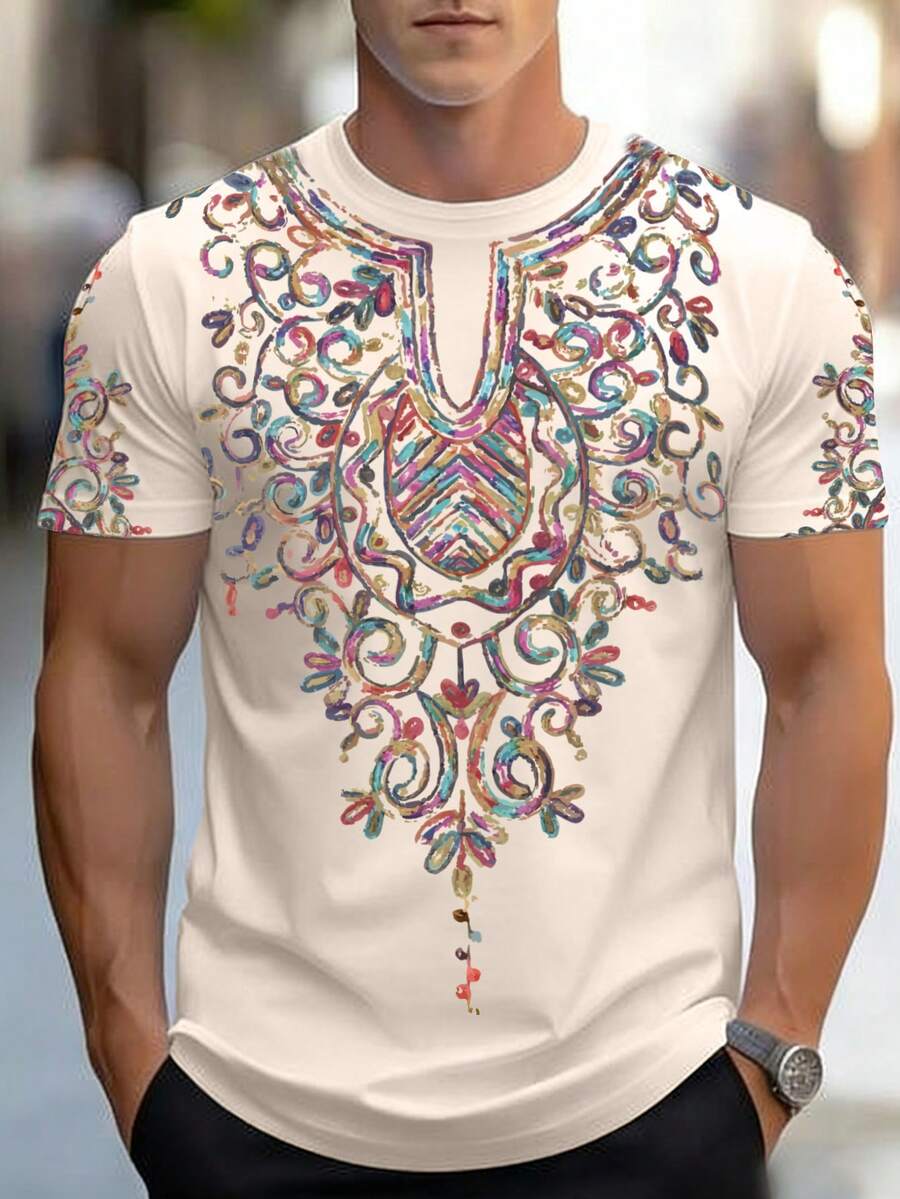 Manfinity Homme 男士复古奢华几何漩涡图案休闲圆领短袖T恤 - 彩色 - 查看 1