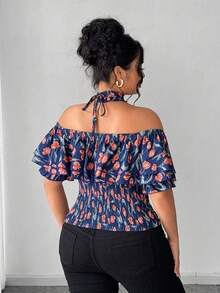 Elenzga Plus Size Women's Navy Blue Summer Elegant Wedding Ninang Off-Shoulder Short Sleeve Blouse,French Casual Cold Shoulder Dress Top,Latest New Arrivals - Navy Blue - View 2