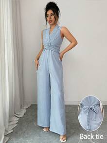 SHEIN Elenzya Bộ jumpsuit nữ thanh lịch màu xanh trắng kẻ sọc cổ chữ V, eo chéo, ống rộng, thích hợp cho mùa xuân/hè. - Xanh và trắng - Xem 3